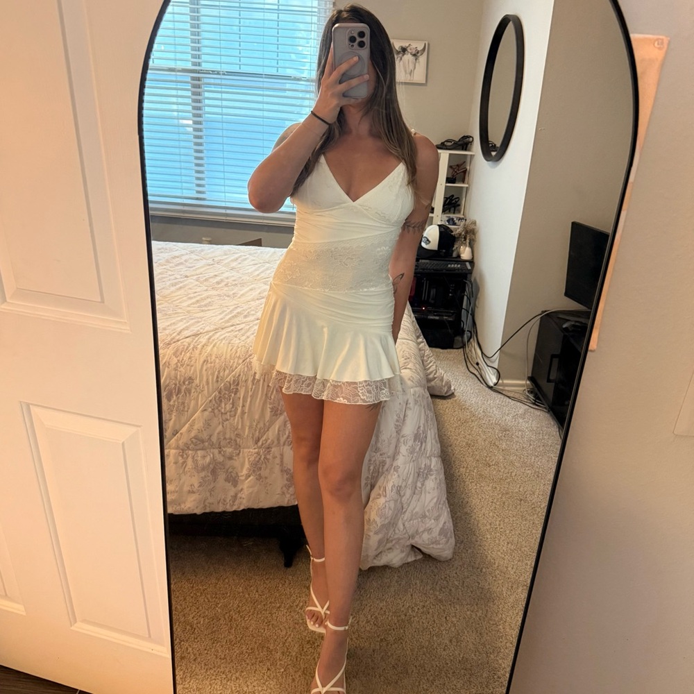 White Lace-Trim Mini Dress with V-Neck